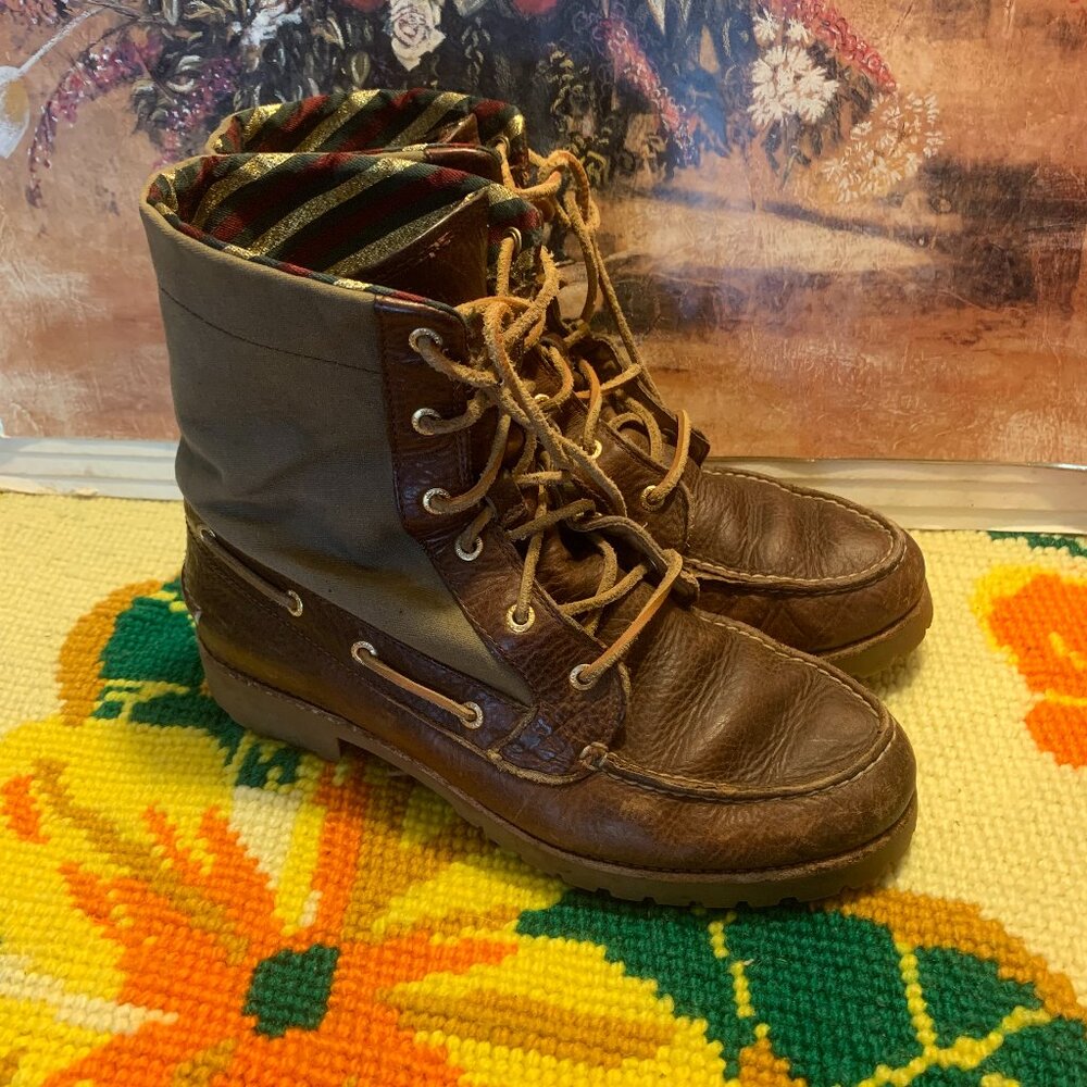 Sperry High Top Sailor Boat Boots Olive Green Leather Moccasin Toe 9M
